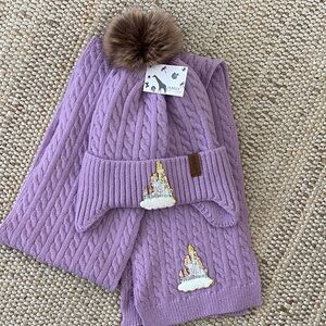 Fenely Purple Knit Kids Hat and Scarf Set with Pom Pom